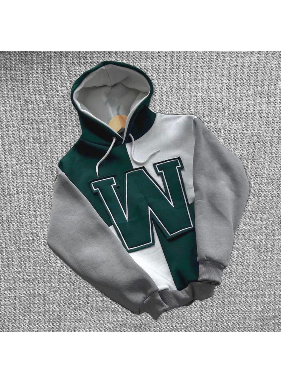 W Nakış İşlemeli Kapüşonlu Sweatshirt - Yeşil