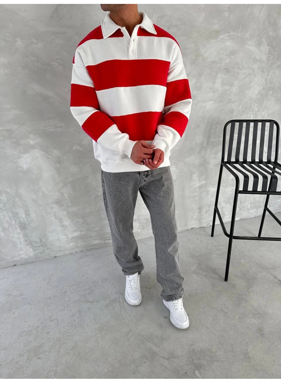 Unisex Üç İplik Parçalı Yakalı SweatShirt - Kırmızı