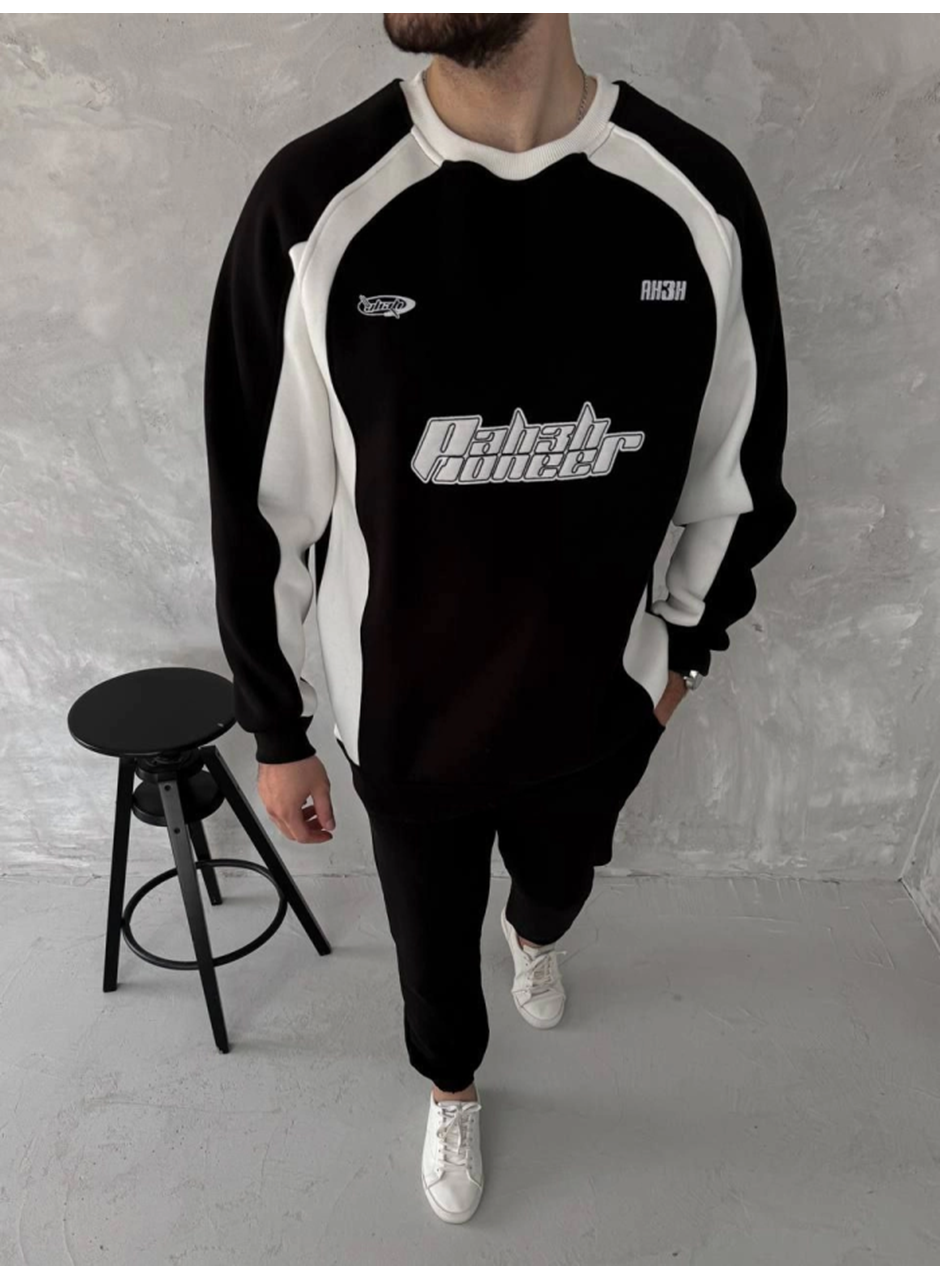 Kışlık Nakış İşlemeli Bisiklet Yaka Parçalı SweatShirt - Siyah