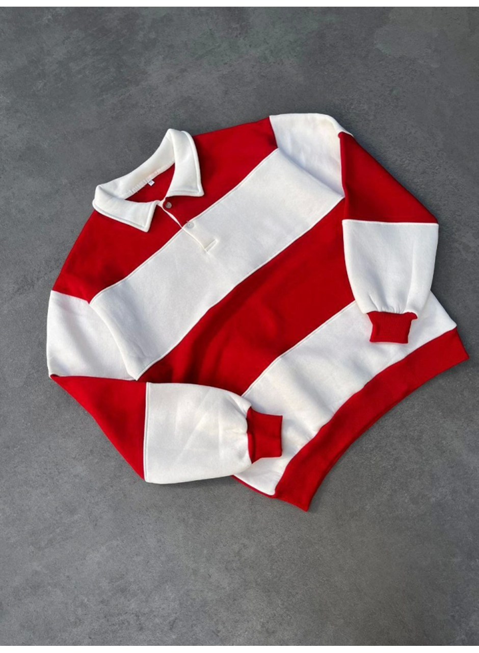 Unisex Üç İplik Parçalı Yakalı SweatShirt - Kırmızı