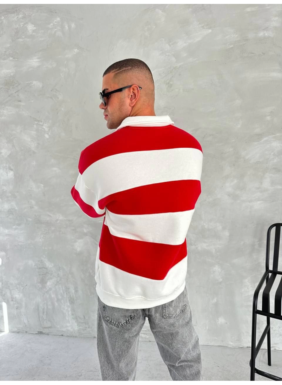 Unisex Üç İplik Parçalı Yakalı SweatShirt - Kırmızı