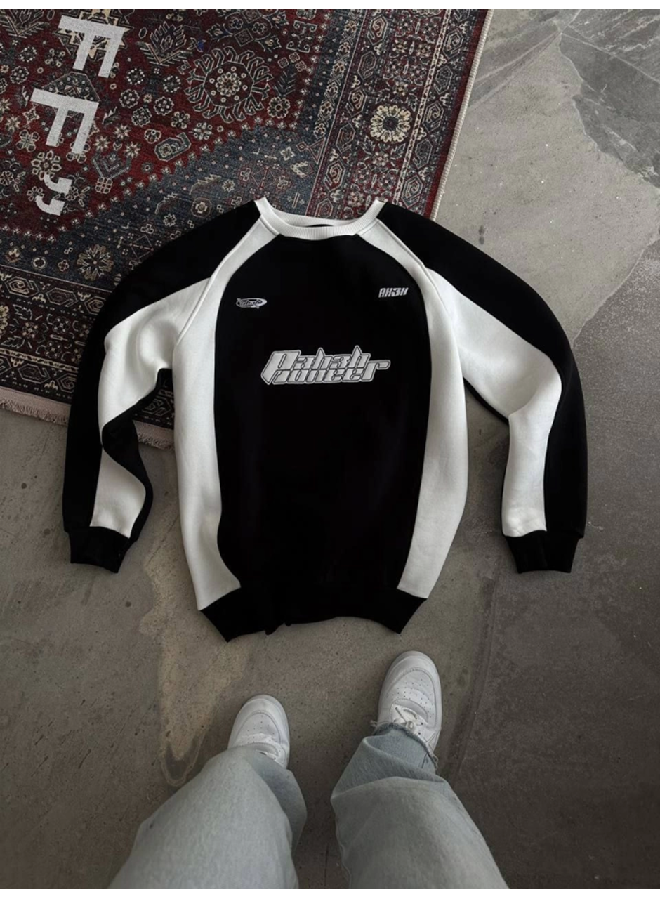 Kışlık Nakış İşlemeli Bisiklet Yaka Parçalı SweatShirt - Siyah