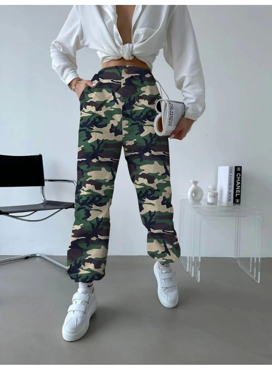 Unisex Ceplı Paraşut Kamuflaj Pantolon - Askeri