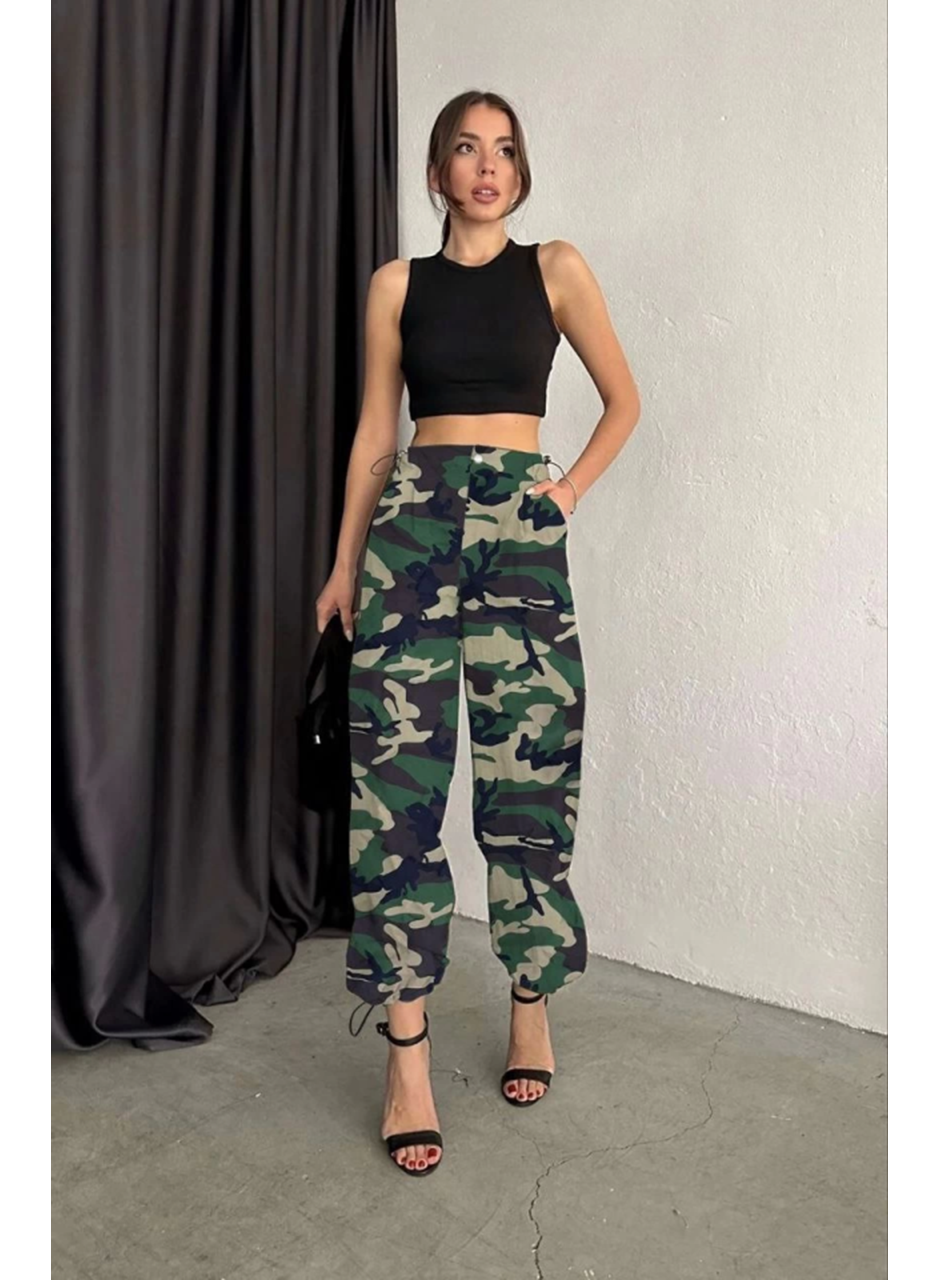 Unisex Ceplı Paraşut Kamuflaj Pantolon - Askeri
