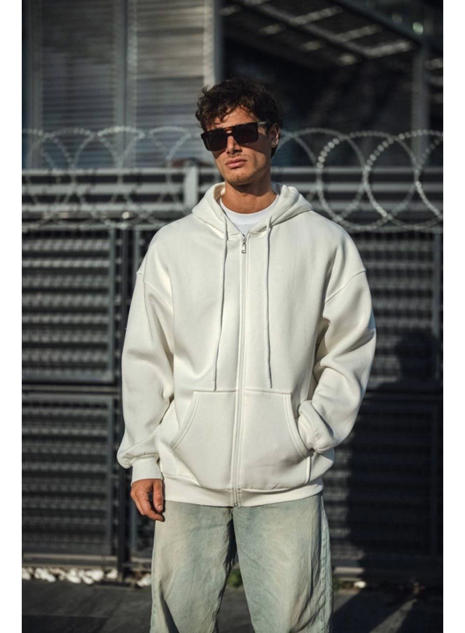 Oversize Tam Fermuarlı Uzun Kol Hırka - Beyaz
