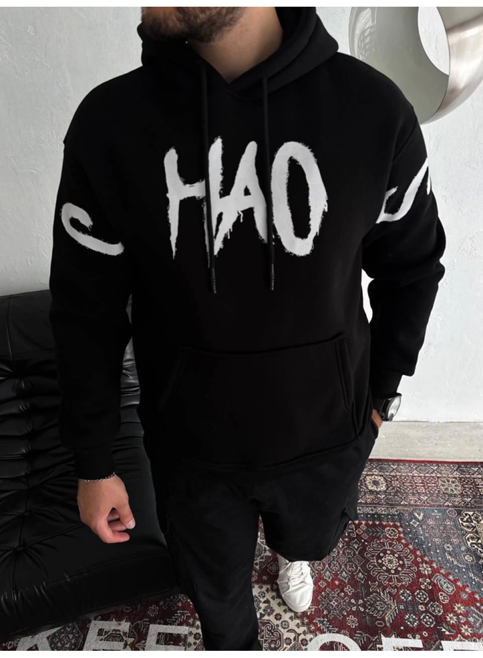 Oversize Kapşonlu Baskılı SweatShirt - Siyah