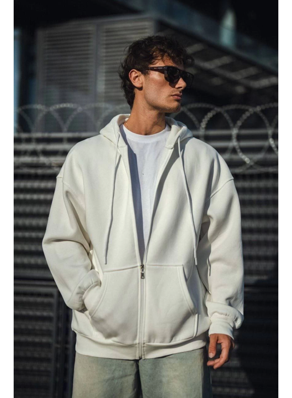 Oversize Tam Fermuarlı Uzun Kol Hırka - Beyaz