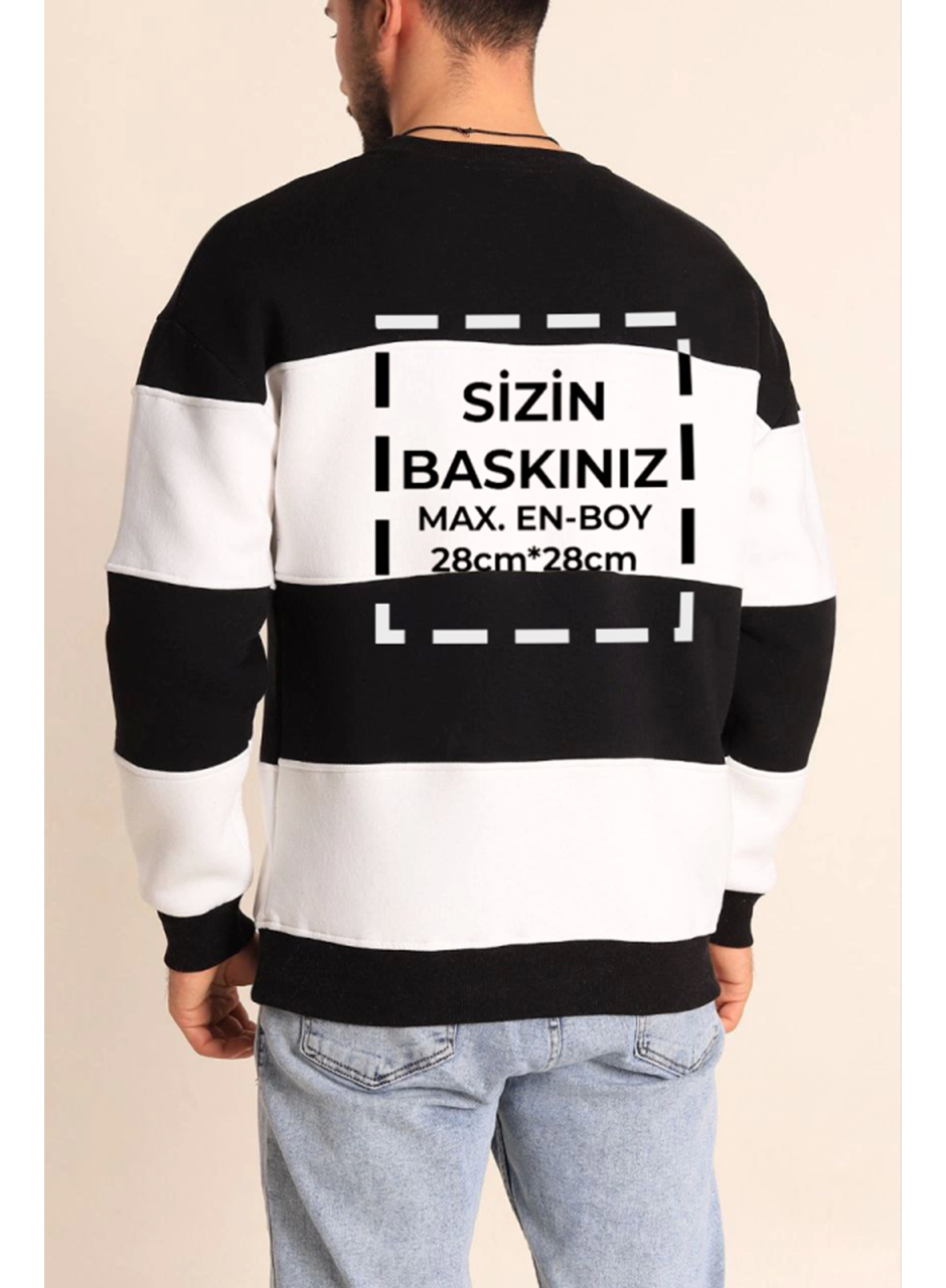 Bisiklet Yaka Parçalı Özel Üretim Sweatshirt- Siyah