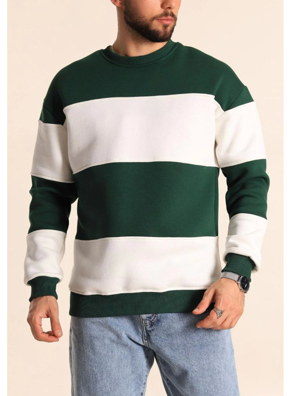 Parçalı Bisiklet Yaka Baskılı SweatShirt - Yeşil