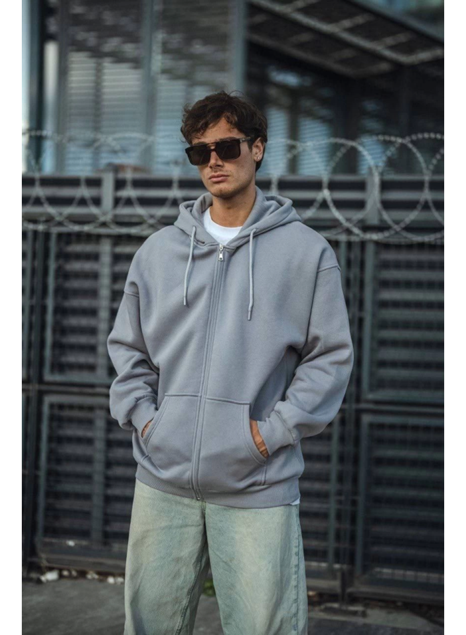 Oversize Tam Fermuarlı Uzun Kol Hırka - Gri