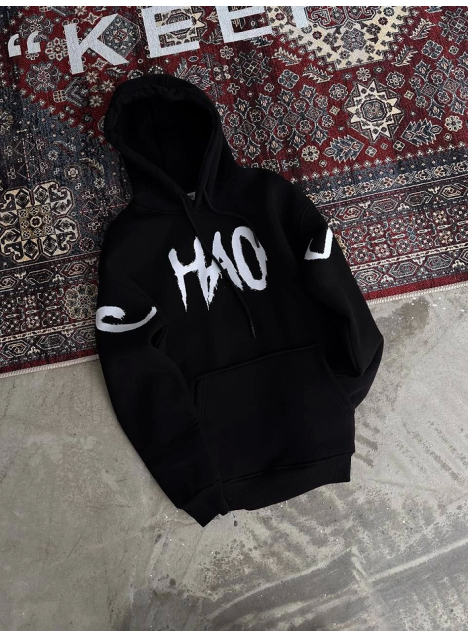 Oversize Kapşonlu Baskılı SweatShirt - Siyah