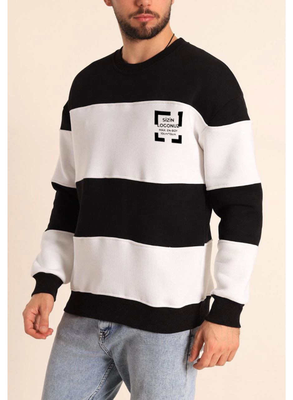 Bisiklet Yaka Parçalı Özel Üretim Sweatshirt- Siyah