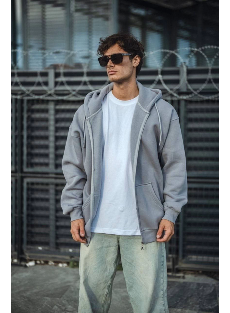 Oversize Tam Fermuarlı Uzun Kol Hırka - Gri