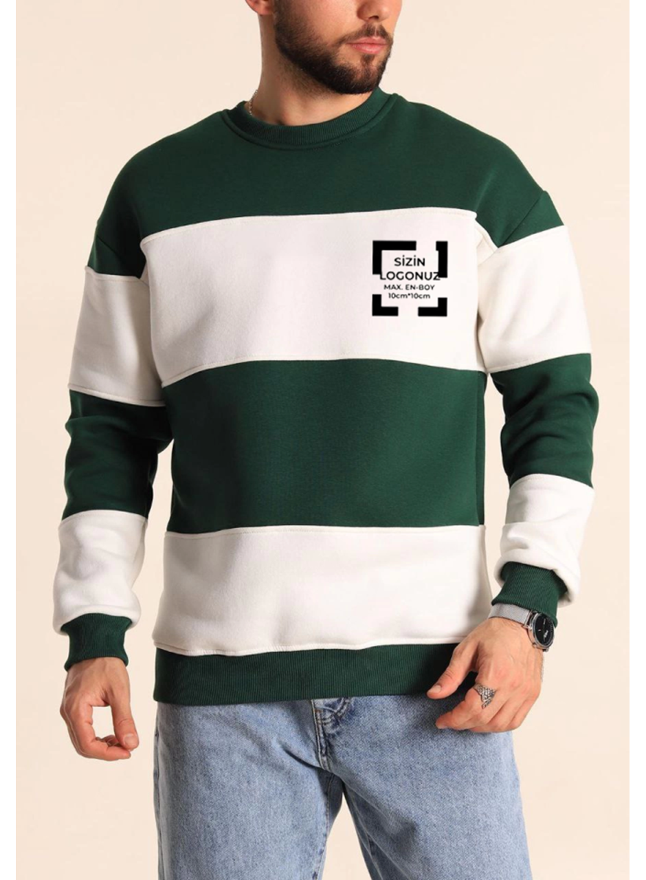 Bisiklet Yaka Parçalı Özel Üretim Sweatshirt- Yeşil