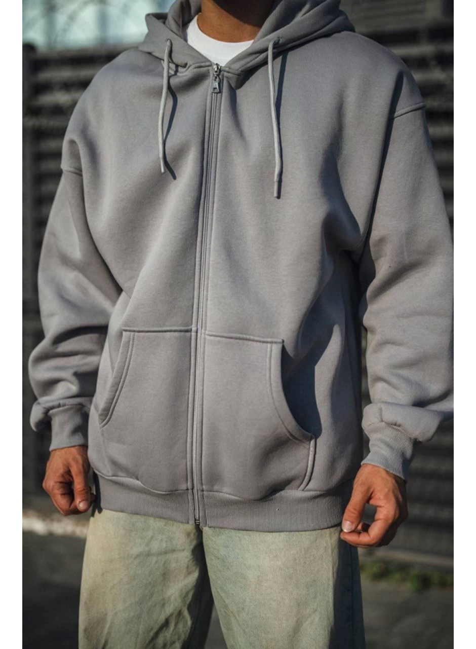 Oversize Tam Fermuarlı Uzun Kol Hırka - Gri