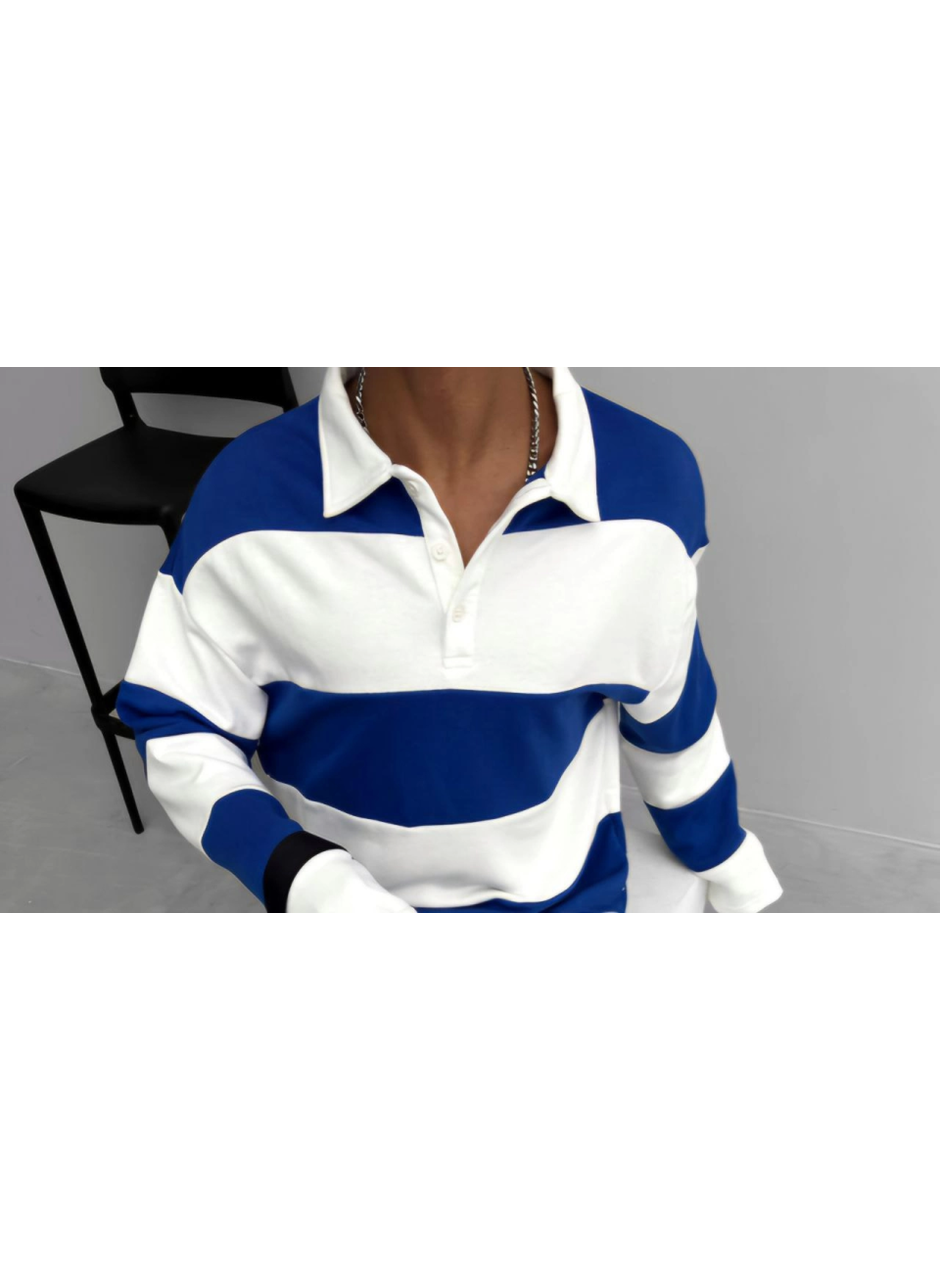 Unisex Üç İplik Parçalı Yakalı SweatShirt - Mavi