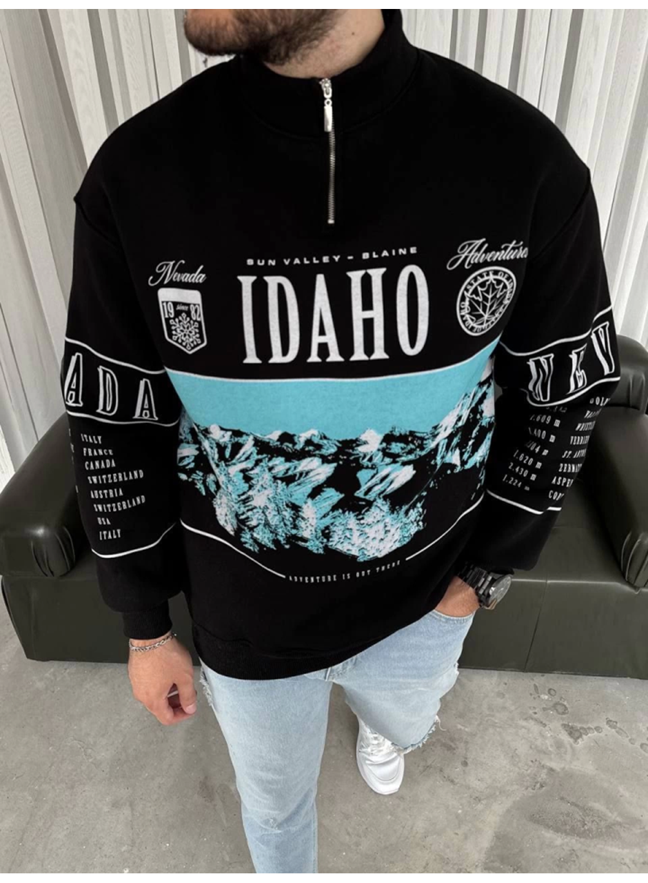 Erkek Yarım Fermuarlı Oversize Baskılı SweatShirt - Siyah