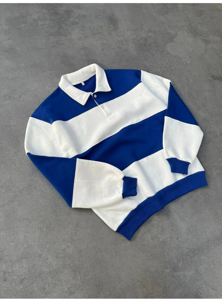 Unisex Üç İplik Parçalı Yakalı SweatShirt - Mavi