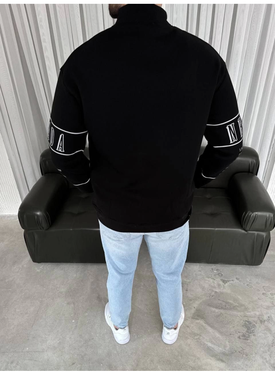 Erkek Yarım Fermuarlı Oversize Baskılı SweatShirt - Siyah