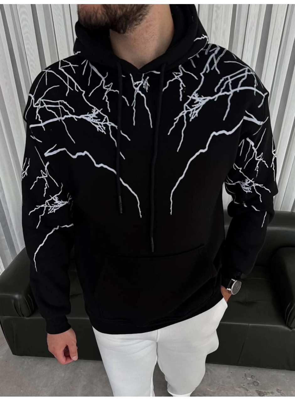 Yıldırım Baskılı Kapşonlu SweatShirt - Siyah