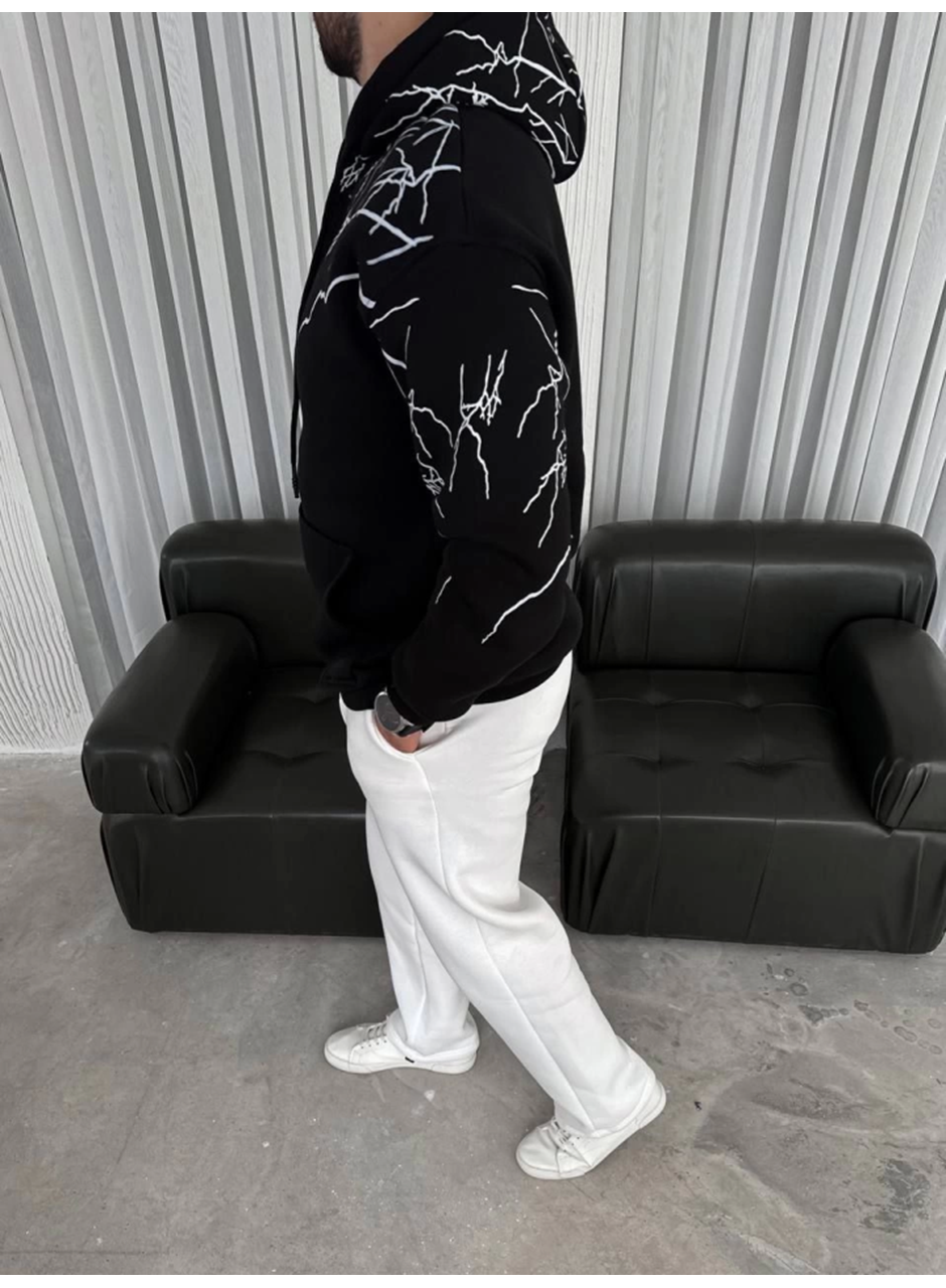 Yıldırım Baskılı Kapşonlu SweatShirt - Siyah