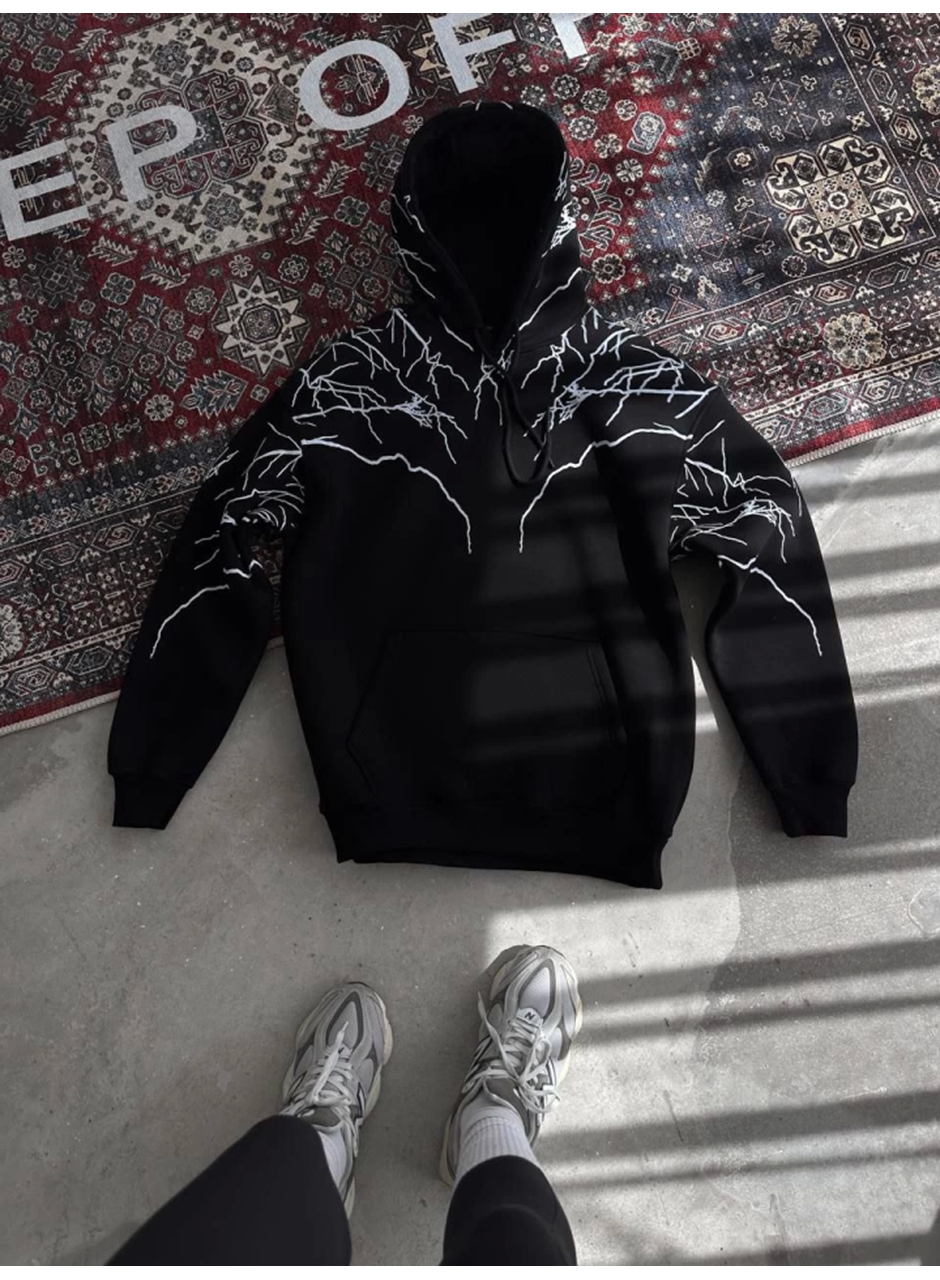 Yıldırım Baskılı Kapşonlu SweatShirt - Siyah