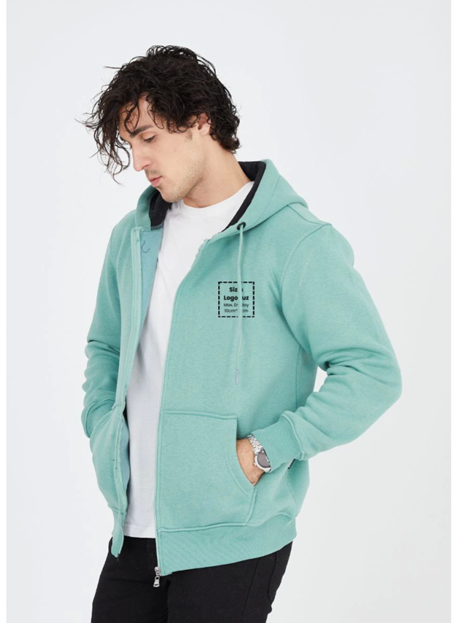 Unisex Tam Fermuarlı Kapşonlu Özel Tasarım SweatShirt - Mint Yeşili