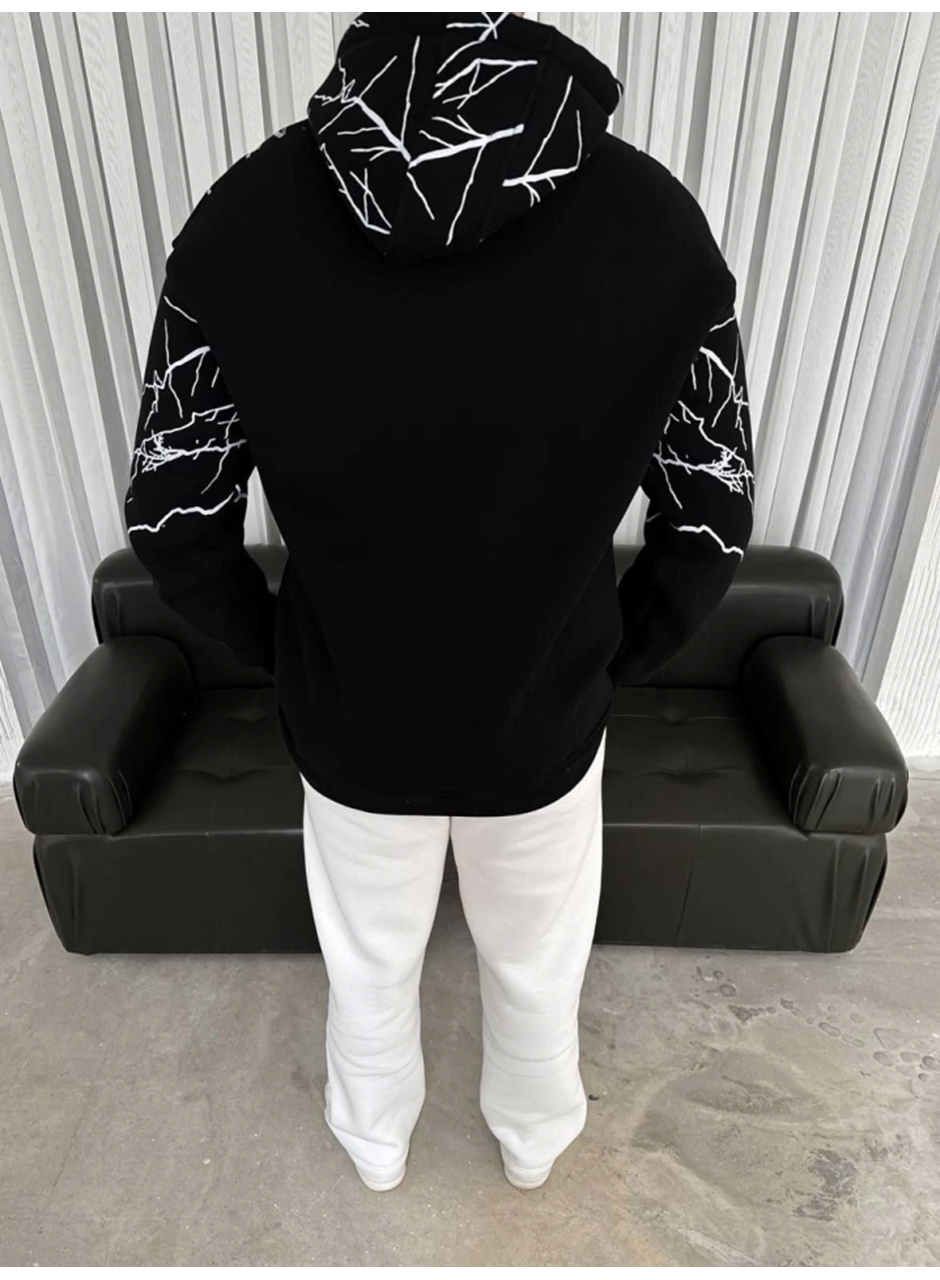 Yıldırım Baskılı Kapşonlu SweatShirt - Siyah