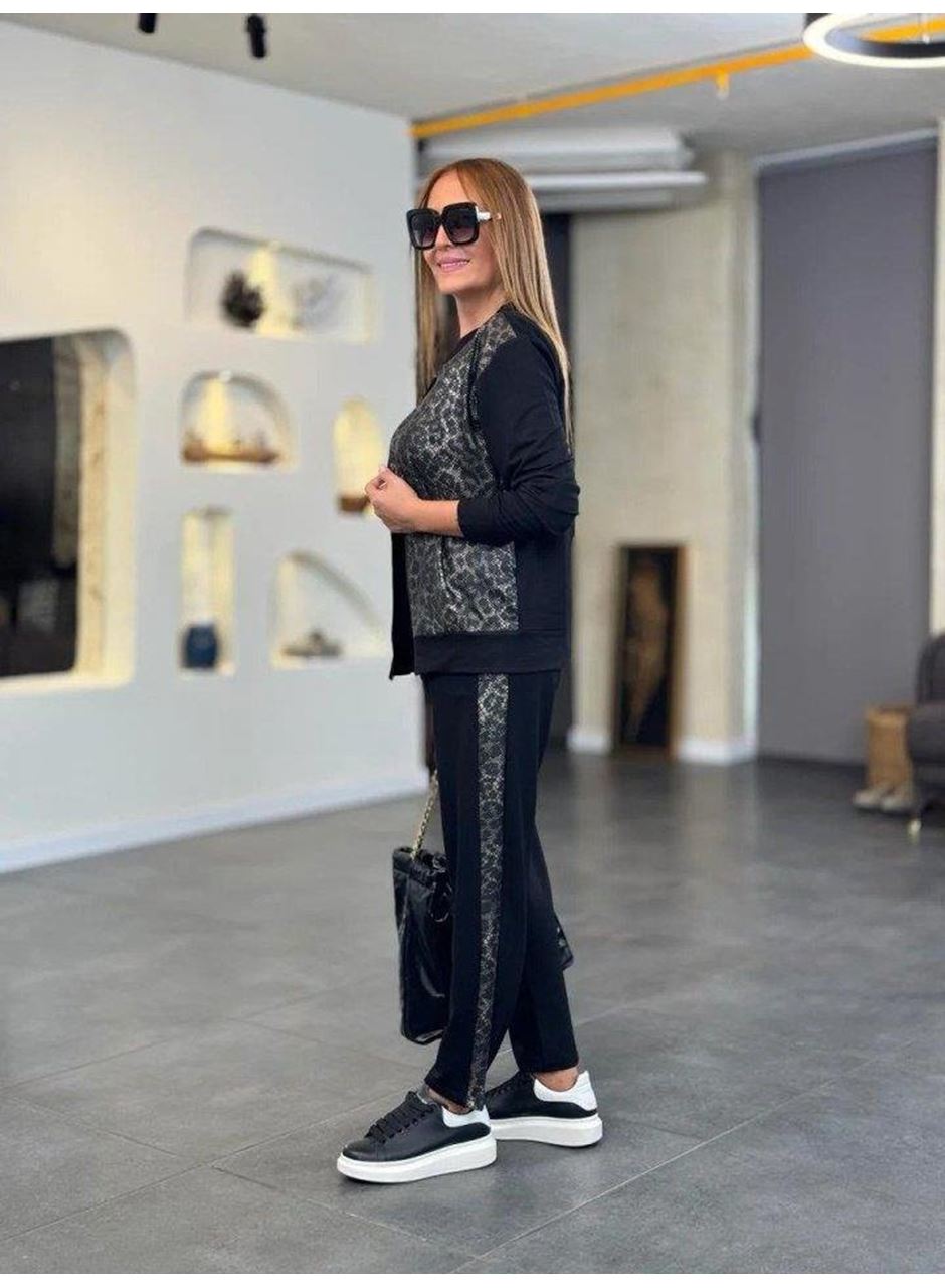 Kadın Uzun Kollu önden Fermuarlı Leopar Desenli Viskon Iki Iplik Bluz Ve Pantolon Ikili Takım