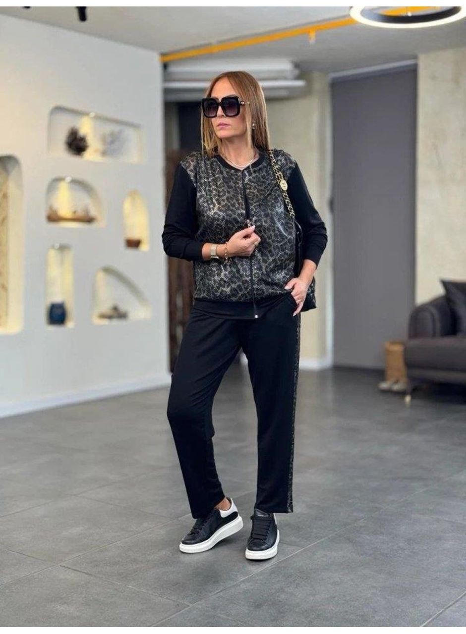 Kadın Uzun Kollu önden Fermuarlı Leopar Desenli Viskon Iki Iplik Bluz Ve Pantolon Ikili Takım