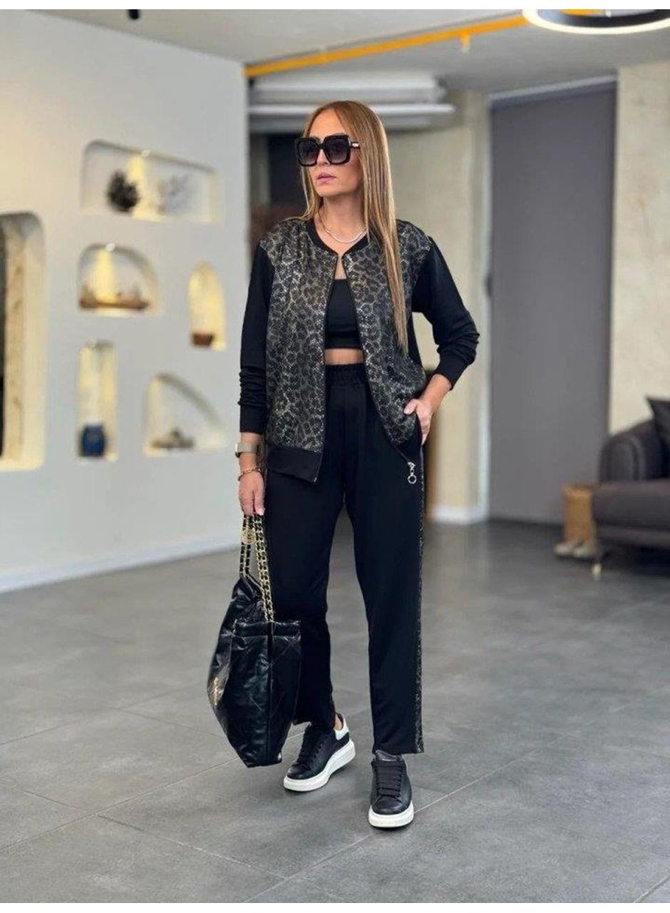 Kadın Uzun Kollu önden Fermuarlı Leopar Desenli Viskon Iki Iplik Bluz Ve Pantolon Ikili Takım