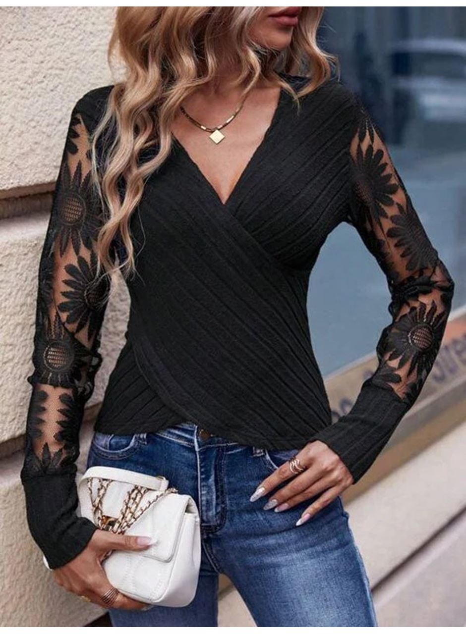 Kadın Uzun Kollu Kruvaze Yakalı şardonlu Kaşkorse Bluz