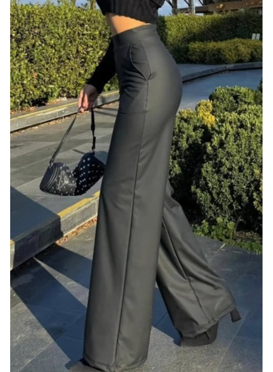 Kadın Yüksek Bel Cepli şardonlu Geniş Paçalı Mat Deri Pantolon