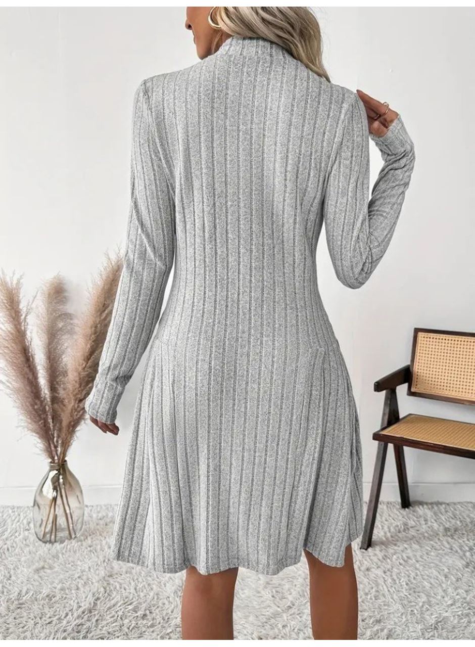 Kadın Uzun Kollu önden Fermuarlı Pileli şardonlu Kaşkorse Mini Elbise