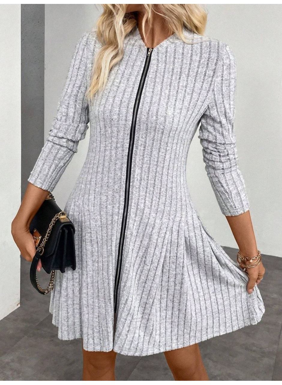 Kadın Uzun Kollu önden Fermuarlı Pileli şardonlu Kaşkorse Mini Elbise