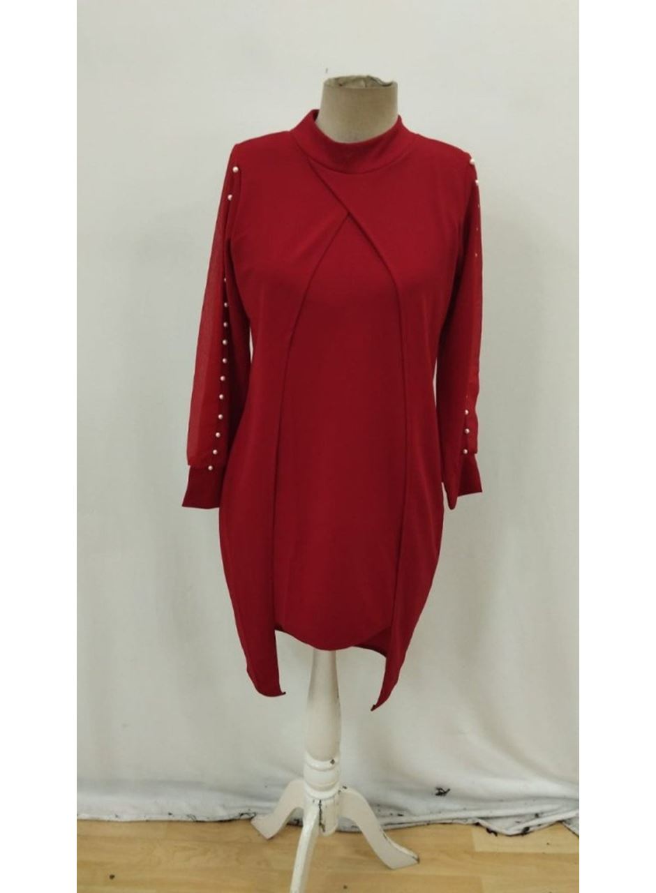 Kadın Uzun Kollu Yarı Balıkçı Yaka Tül Ve Inci Detaylı Kısa Ithal Krep Midi Elbise