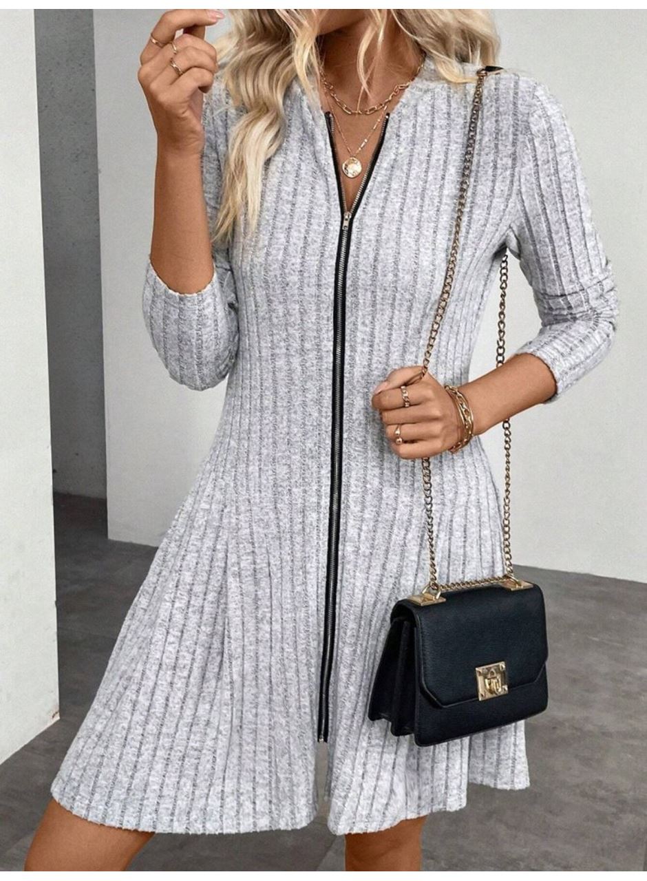 Kadın Uzun Kollu önden Fermuarlı Pileli şardonlu Kaşkorse Mini Elbise