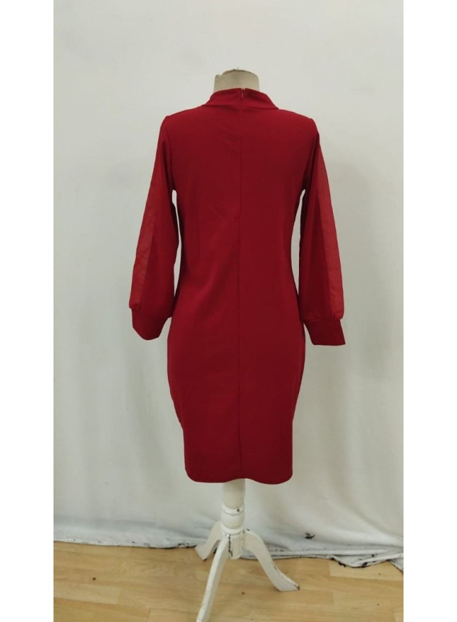 Kadın Uzun Kollu Yarı Balıkçı Yaka Tül Ve Inci Detaylı Kısa Ithal Krep Midi Elbise