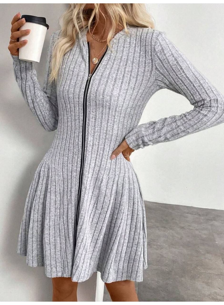 Kadın Uzun Kollu önden Fermuarlı Pileli şardonlu Kaşkorse Mini Elbise