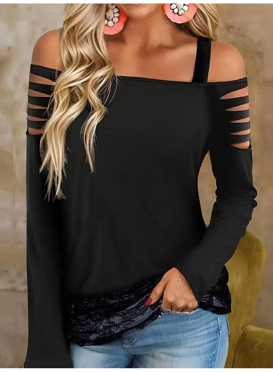 Kadın Uzun Lazer Kesik Detaylı Askılı Viskon Iki Iplik Bluz