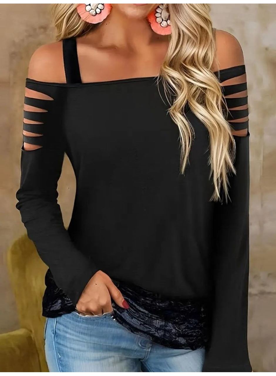 Kadın Uzun Lazer Kesik Detaylı Askılı Viskon Iki Iplik Bluz