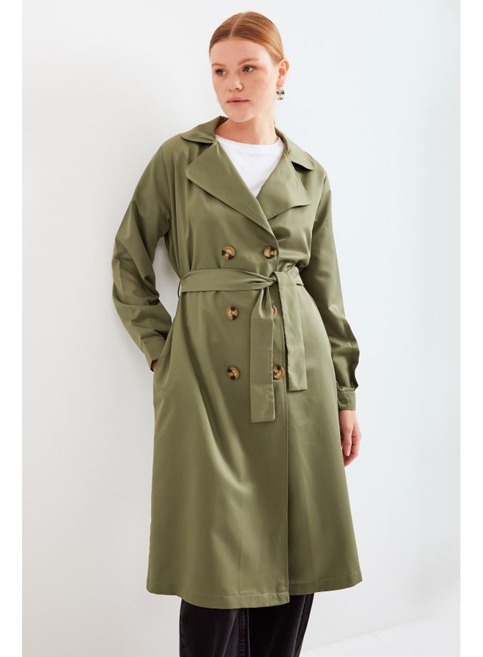 5853 Kruvaze Yaka Trençkot - Haki