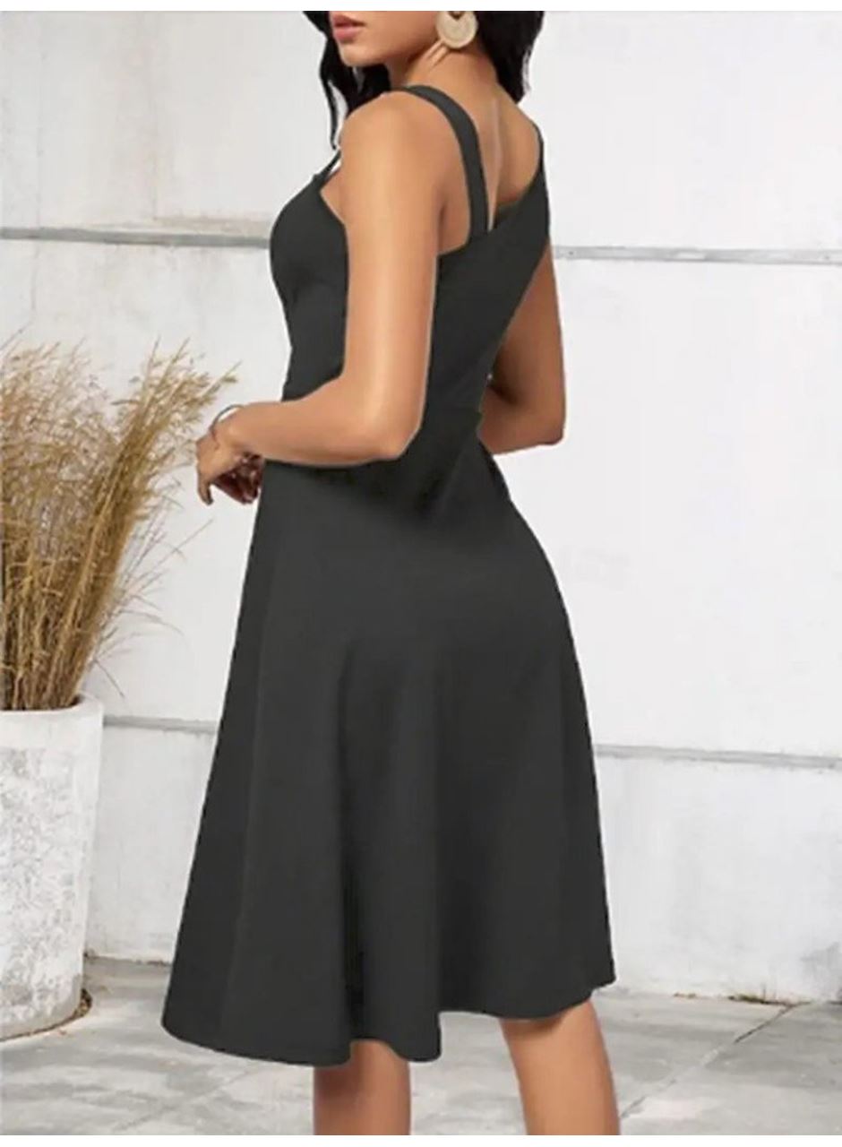 Kadın Tek Omuzu şerit Detaylı Kolsuz Yandan Düğme Detaylı Janjan Krep Elbise