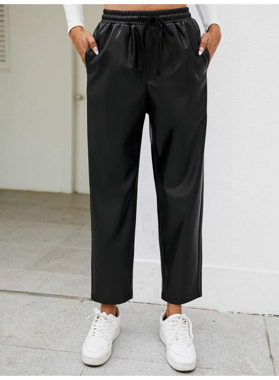 Kadın Yüksel Bel Bağcıklı Deri Pantolon