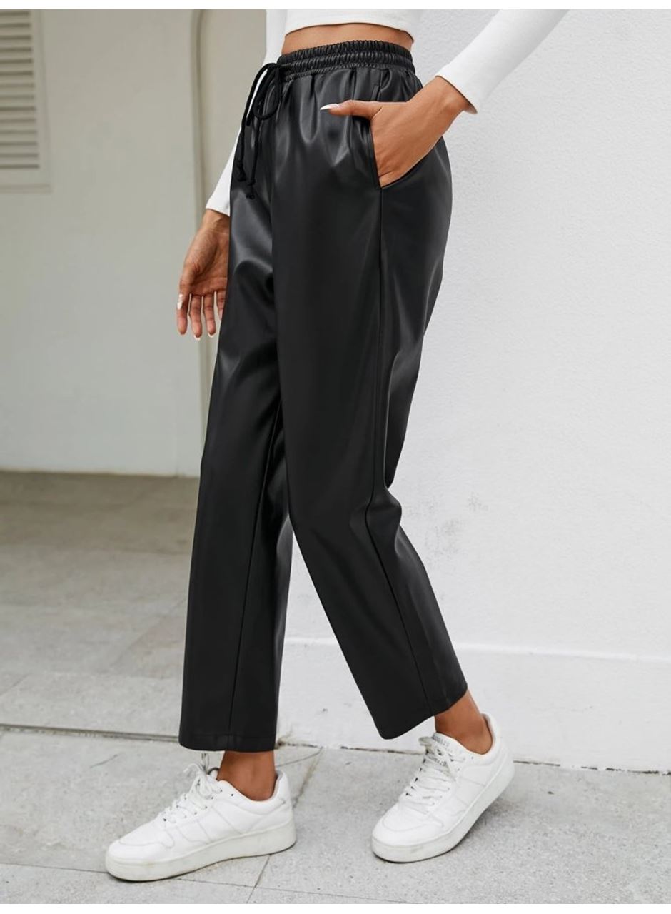 Kadın Yüksel Bel Bağcıklı Deri Pantolon