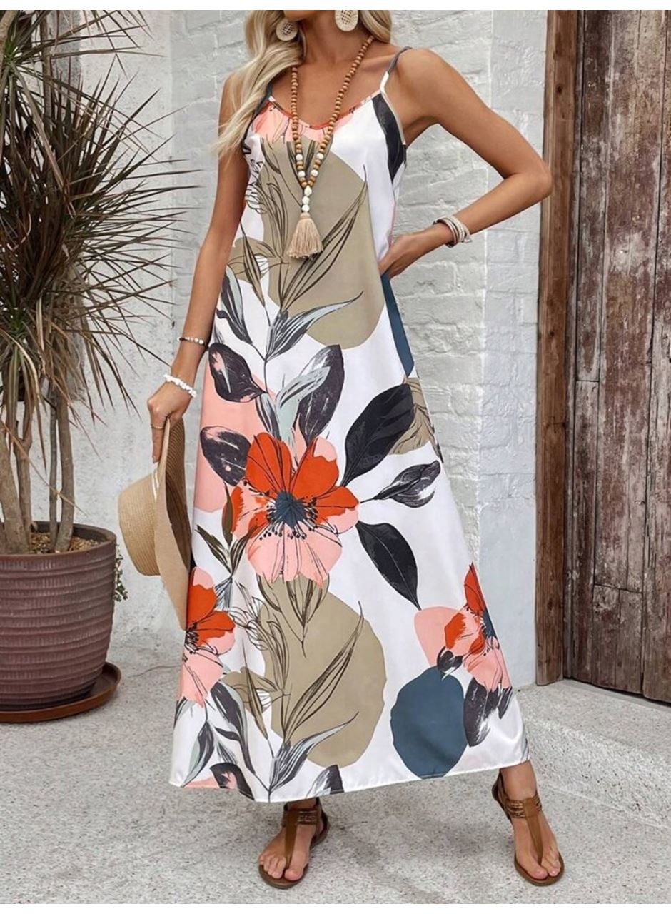 Kadın Ip Askılı Geniş V Yakalı Desenli Süprem Elbise
