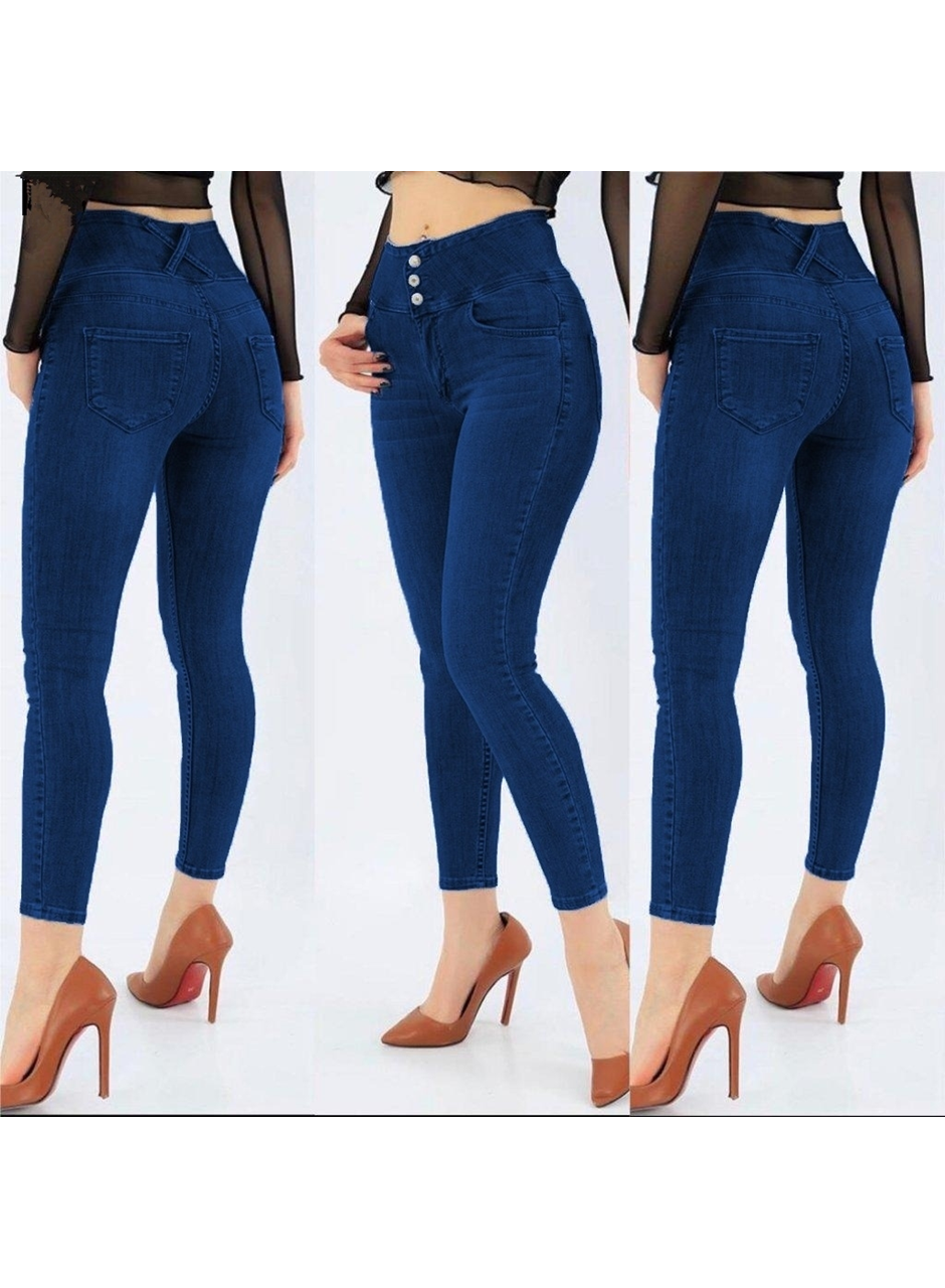 Yüksek Bel Likralı Jean Pantolon 90 Cm