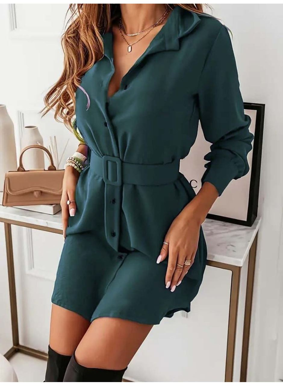 Kadın Uzun Kollu Yakalı Belden Kemerli Kıs Ithal Krep Elbise