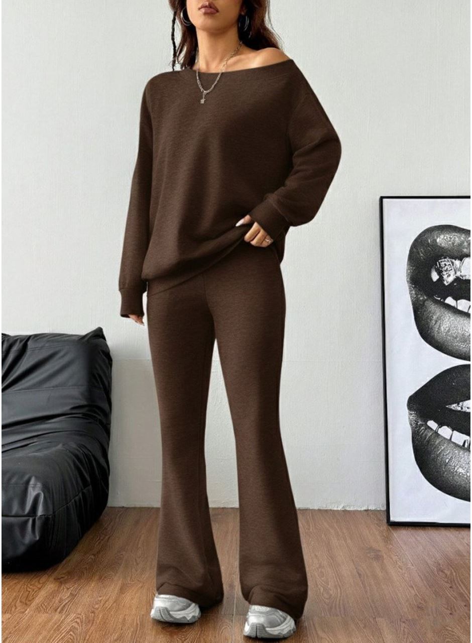 Kadın Uzun Kollu Tek Omuzdan ıkmiki Iplik Bluz Ve Pantolon Ikili Takım