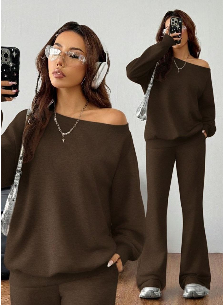 Kadın Uzun Kollu Tek Omuzdan ıkmiki Iplik Bluz Ve Pantolon Ikili Takım